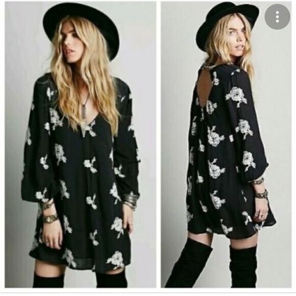 Free People Black Floral Embroidered Long Sleeve Swing Dress XS - Picture 1 of 8